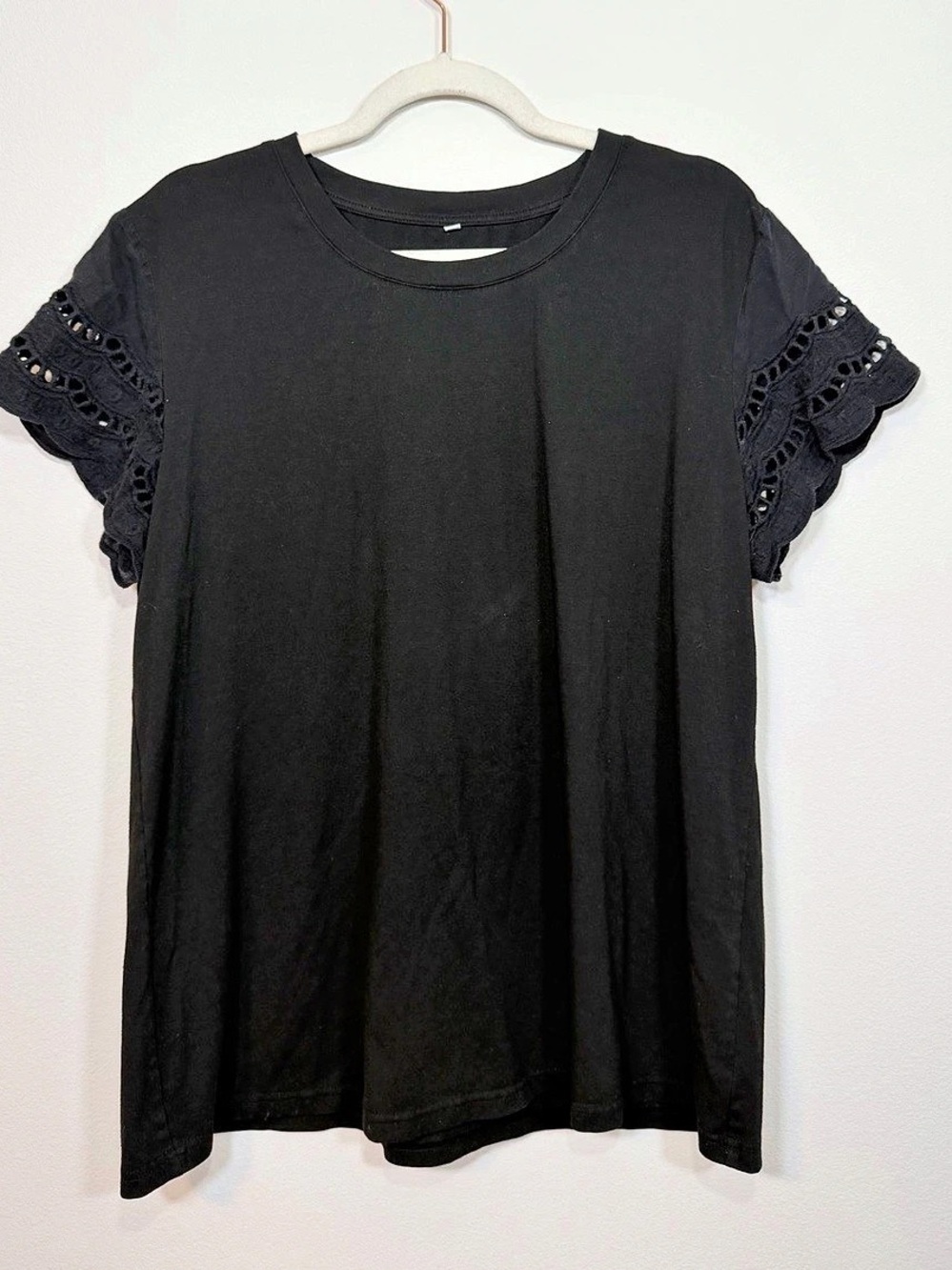 Classic Black Shirt Eyelet Lace Short Sleeve Top Office Work Party Tee Women XL